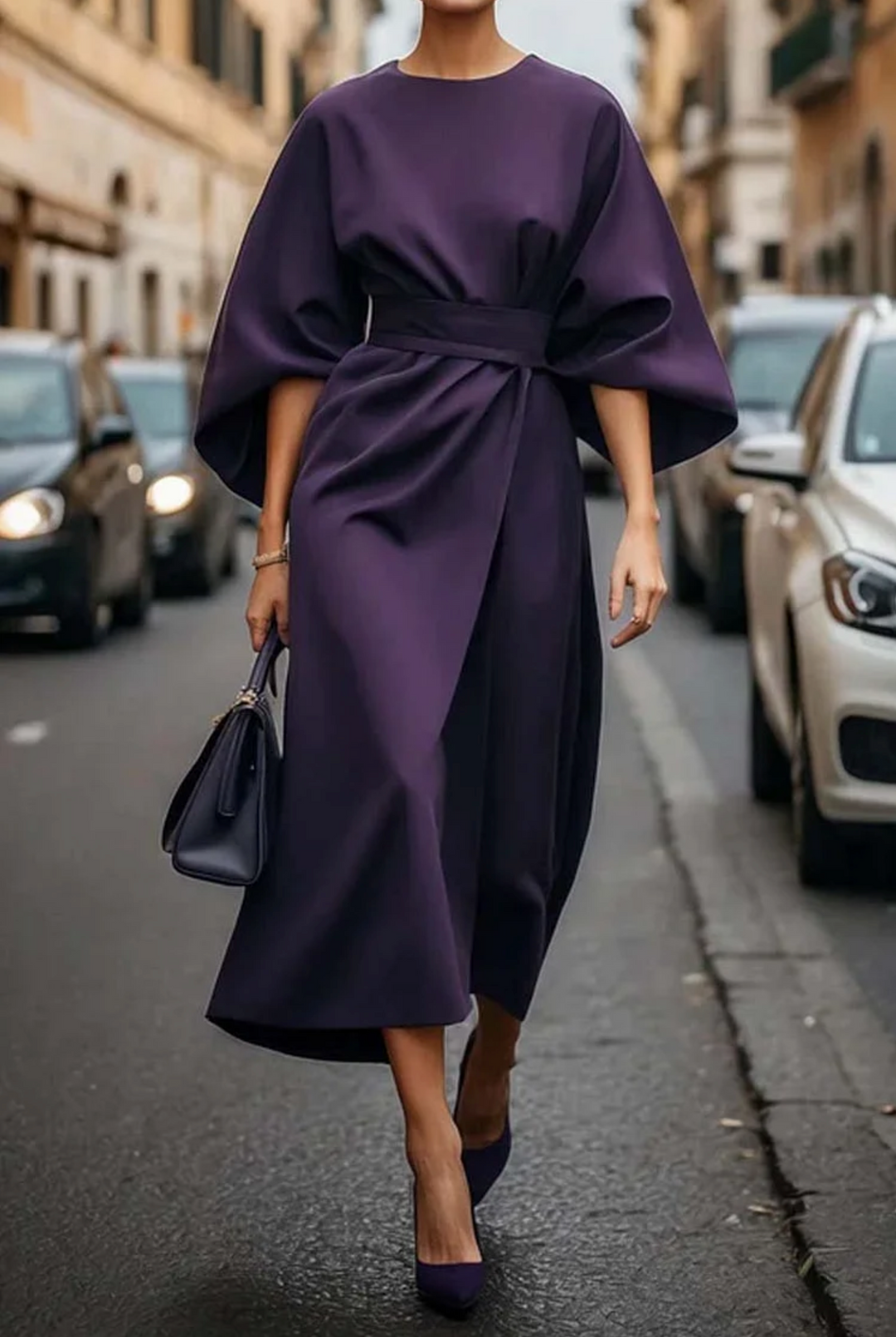 Sophia | Elegant Lantern-Sleeve Dress With Waist Belt