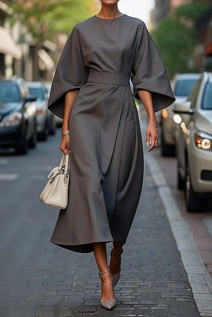 Elara | Refined Lantern Sleeve Dress With Waist-Defining Belt