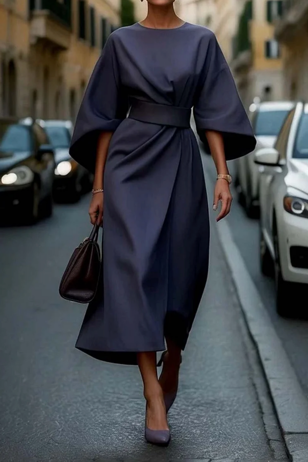 Sophia | Elegant Lantern-Sleeve Dress With Waist Belt