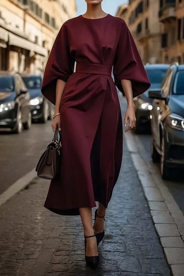Sophia | Elegant Lantern-Sleeve Dress With Waist Belt