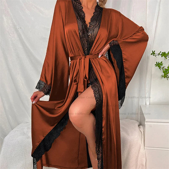 Nora | Women’s Lace Kimono Robe With Flowing Sleeves And Tie Waist