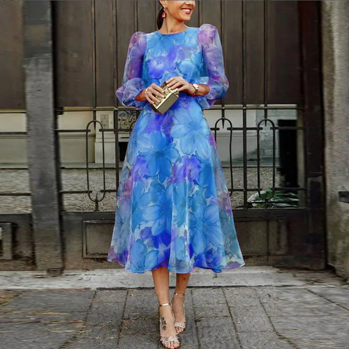 CLARA | Women’s Elegant Floral Midi Dress With Long Sheer Puff Sleeves