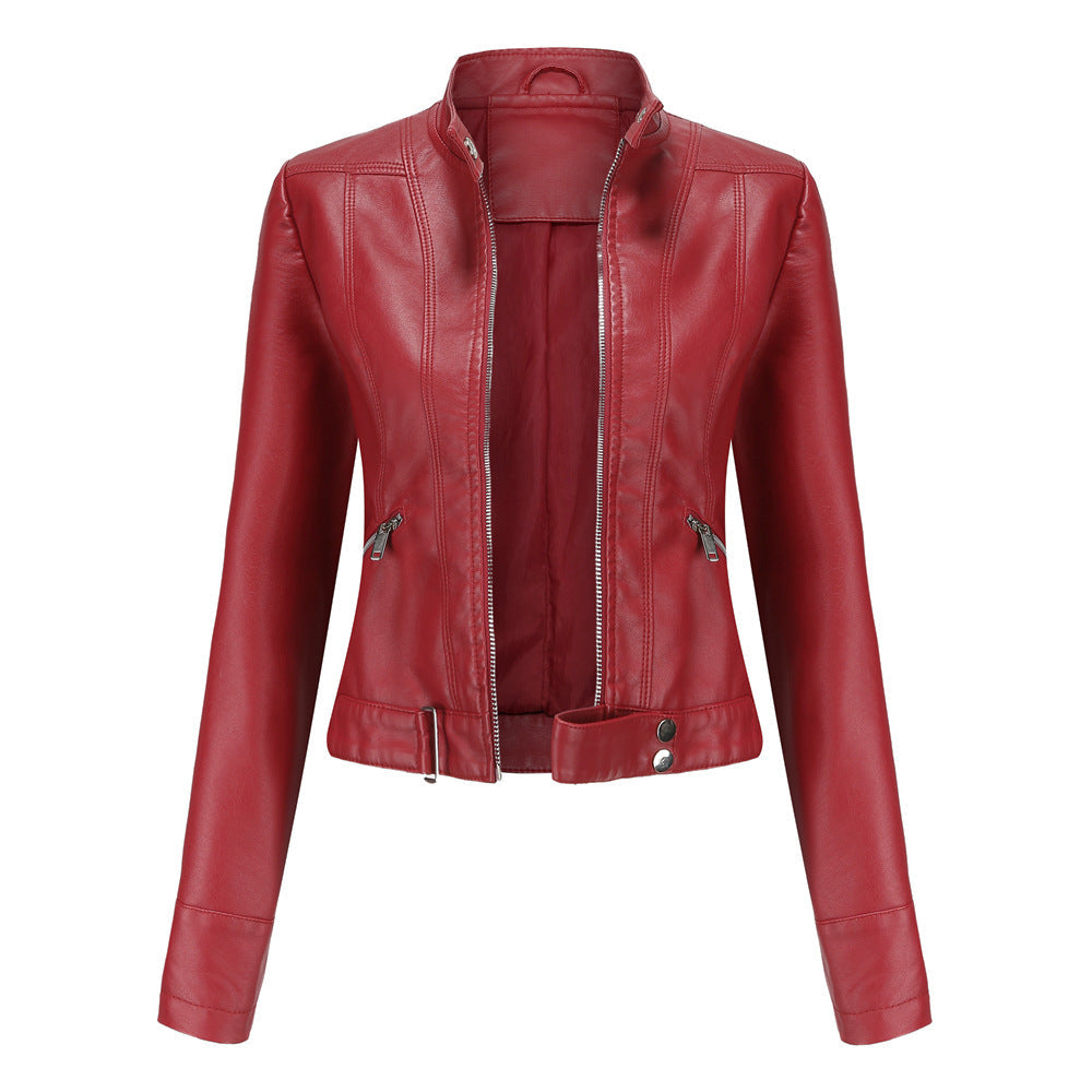 NATALIE | Women’s Structured Leather Jacket With High Collar, Zip Front And Adjustable Belt