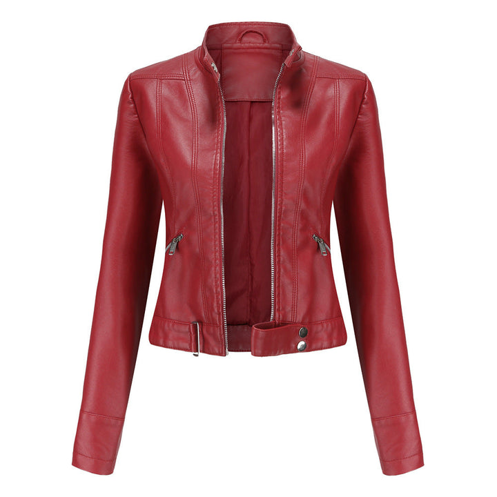 NATALIE | Women’s Structured Leather Jacket With High Collar, Zip Front And Adjustable Belt