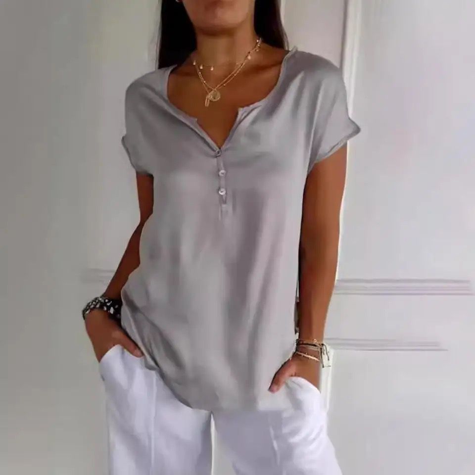 Elisa | Women’s Elegant V-Neck Short Sleeve Button Top