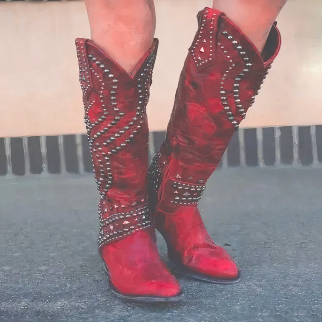 Raven | Western-Inspired Studded Leather Boots with Bold Block Heel for Women
