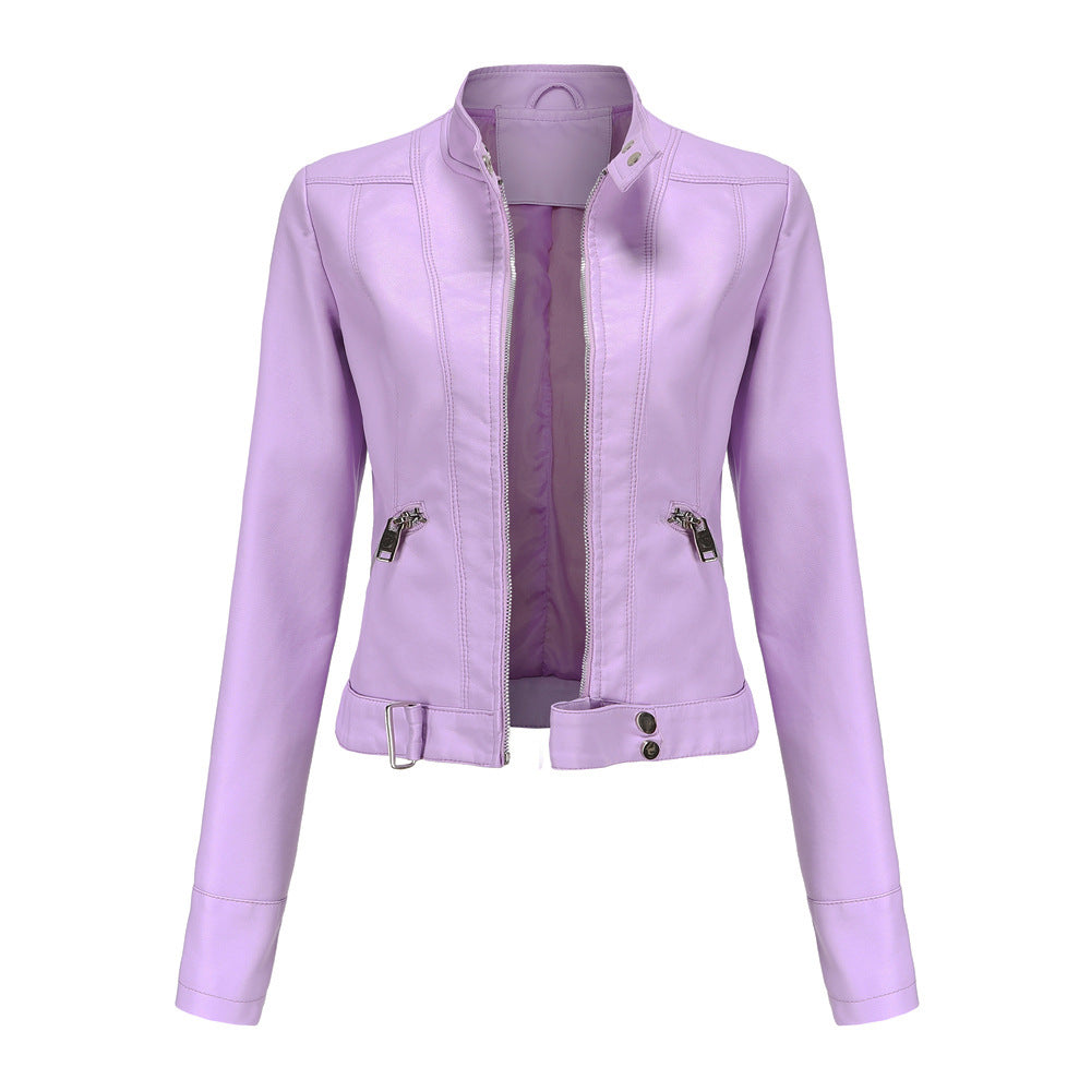 NATALIE | Women’s Structured Leather Jacket With High Collar, Zip Front And Adjustable Belt