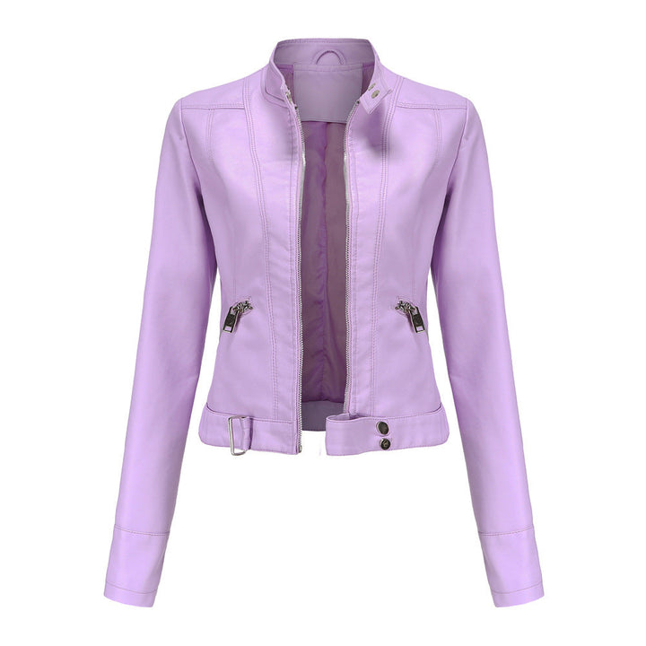 NATALIE | Women’s Structured Leather Jacket With High Collar, Zip Front And Adjustable Belt