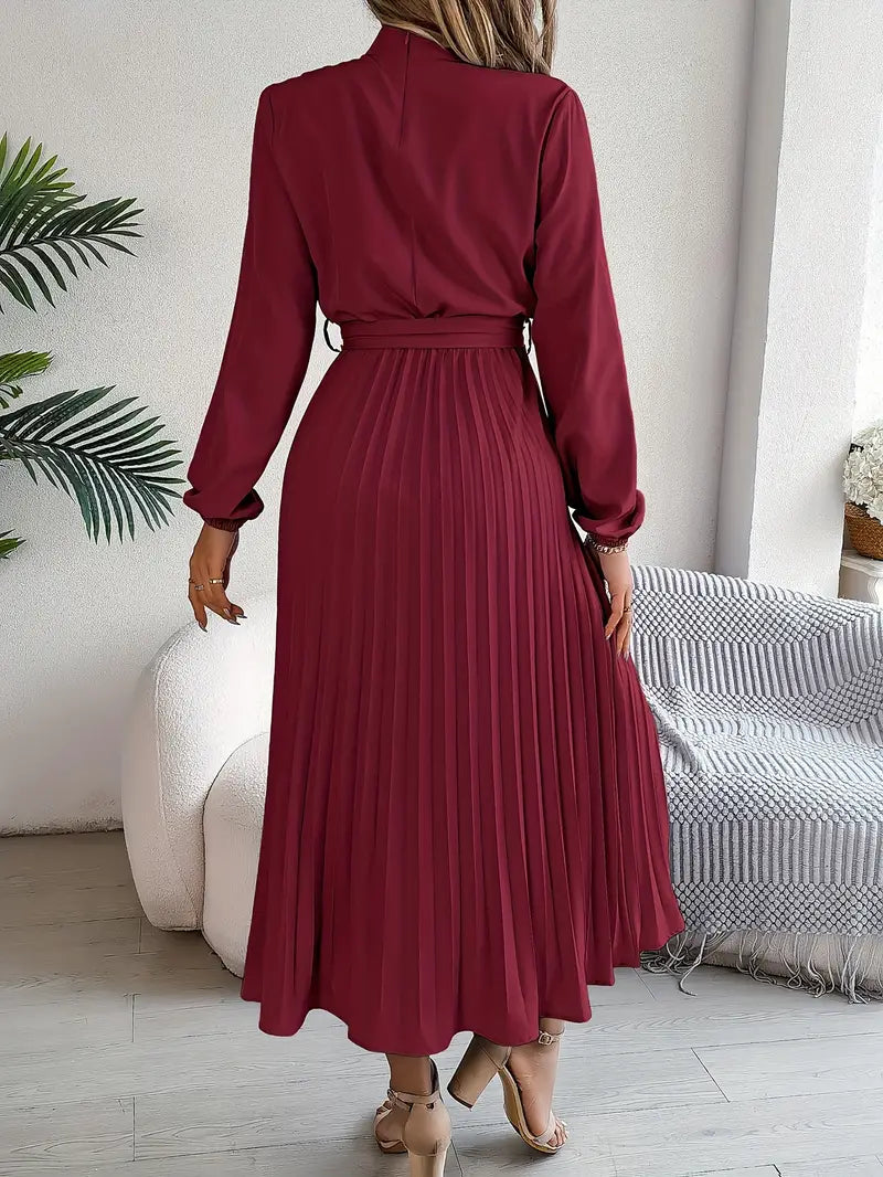 EMILY | Women’s Long-Sleeve Pleated Midi Dress With Defined Waist Belt