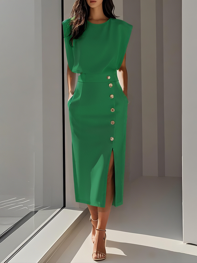 Cordelia | Elegant Sleeveless Side-Button Midi Dress For Women