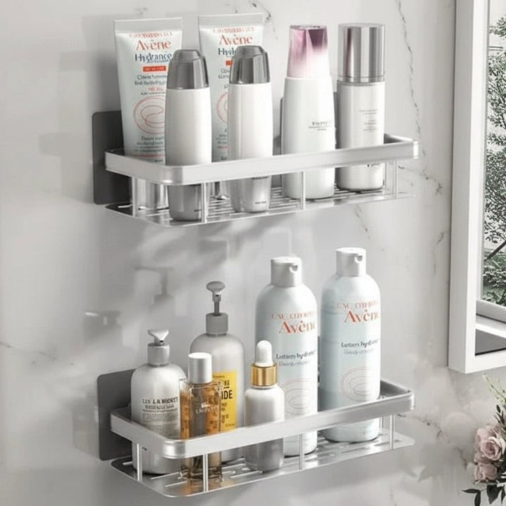Adhesive stainless steel bathroom shelf mounted on tile - product photo 10