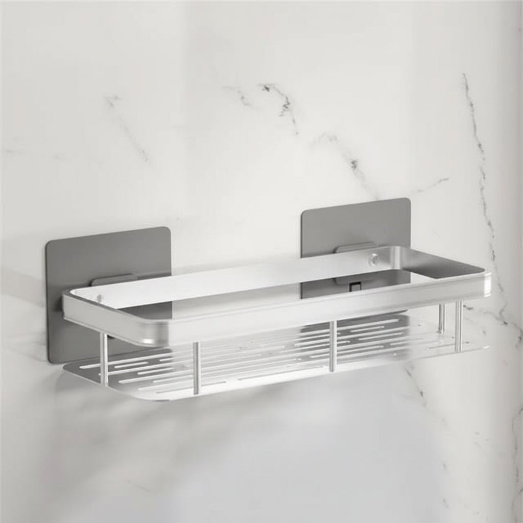 Adhesive stainless steel bathroom shelf mounted on tile - product photo 14