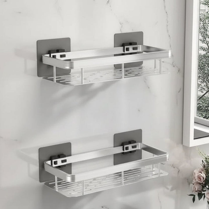 Adhesive stainless steel bathroom shelf mounted on tile - product photo 16