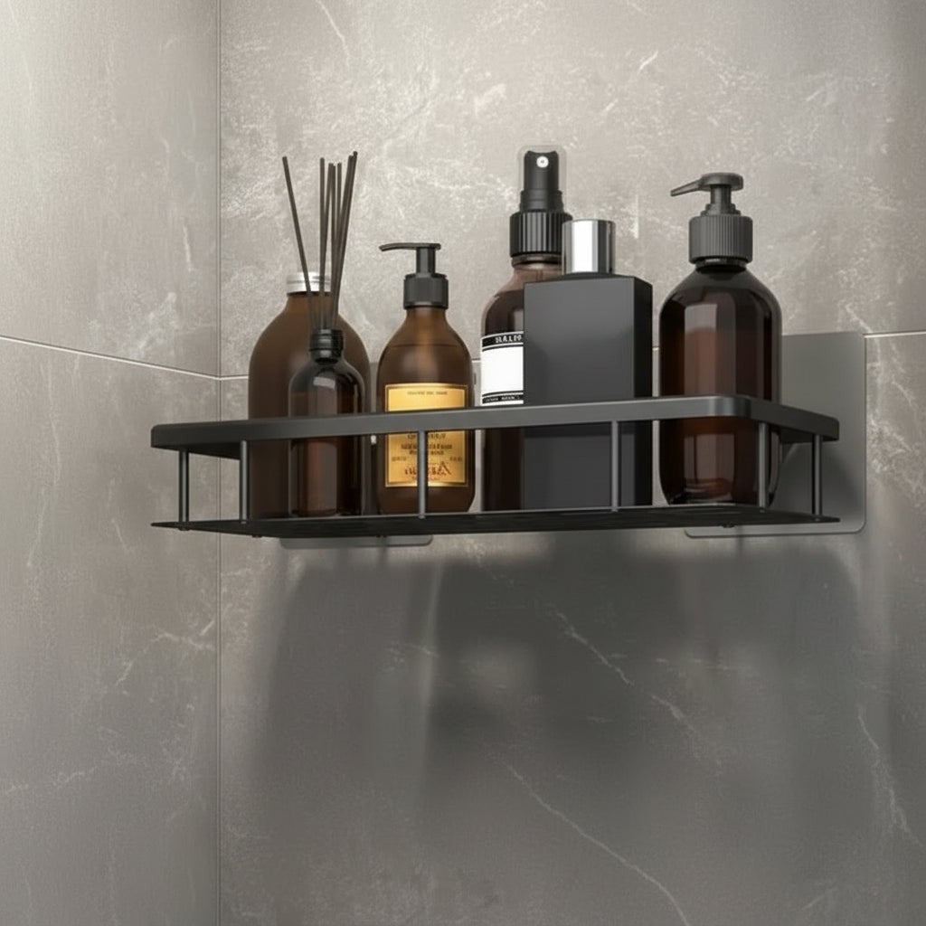 Adhesive stainless steel bathroom shelf mounted on tile - product photo 2