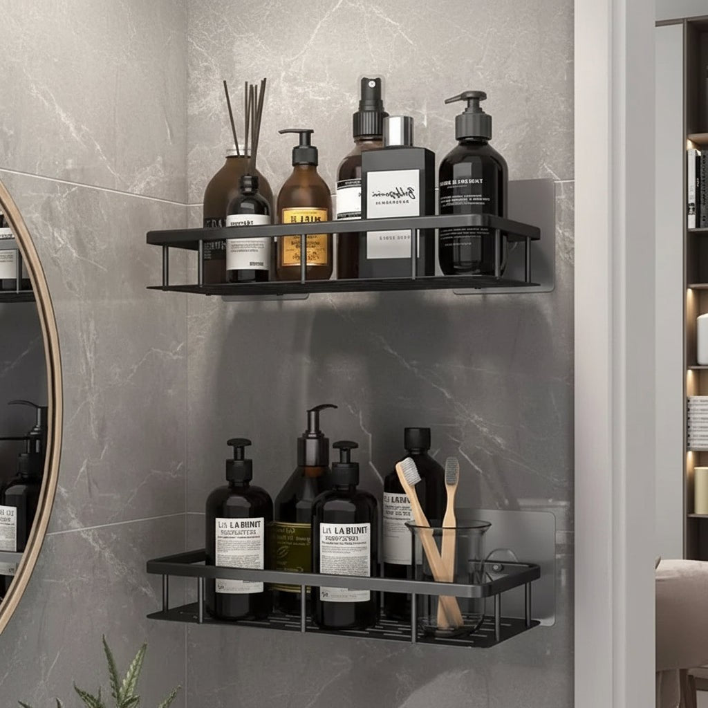 Adhesive stainless steel bathroom shelf mounted on tile - product photo 3