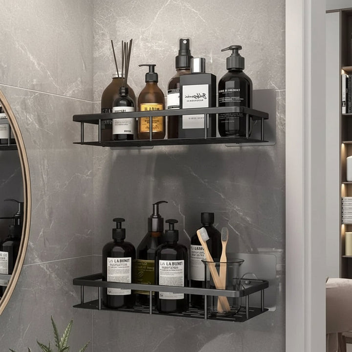 Adhesive stainless steel bathroom shelf mounted on tile - product photo 3