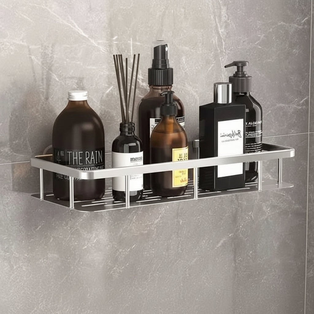Adhesive stainless steel bathroom shelf mounted on tile - product photo 4