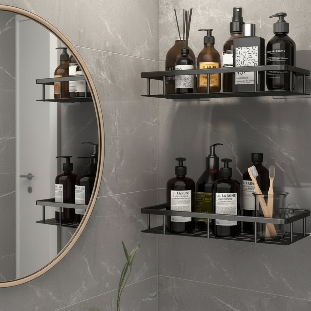 Adhesive stainless steel bathroom shelf mounted on tile - product photo 7