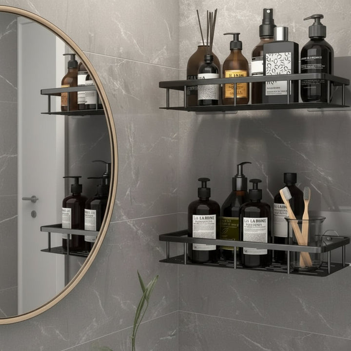 Adhesive stainless steel bathroom shelf mounted on tile - product photo 7