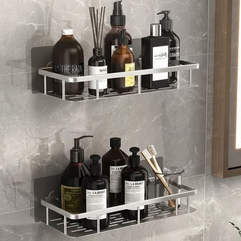 Adhesive stainless steel bathroom shelf mounted on tile - product photo 9