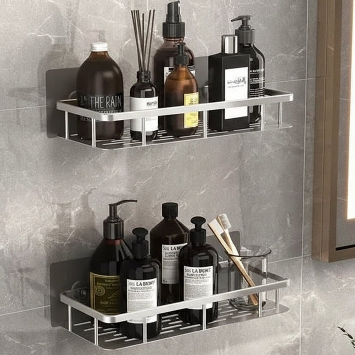 Adhesive stainless steel bathroom shelf mounted on tile - product photo 9