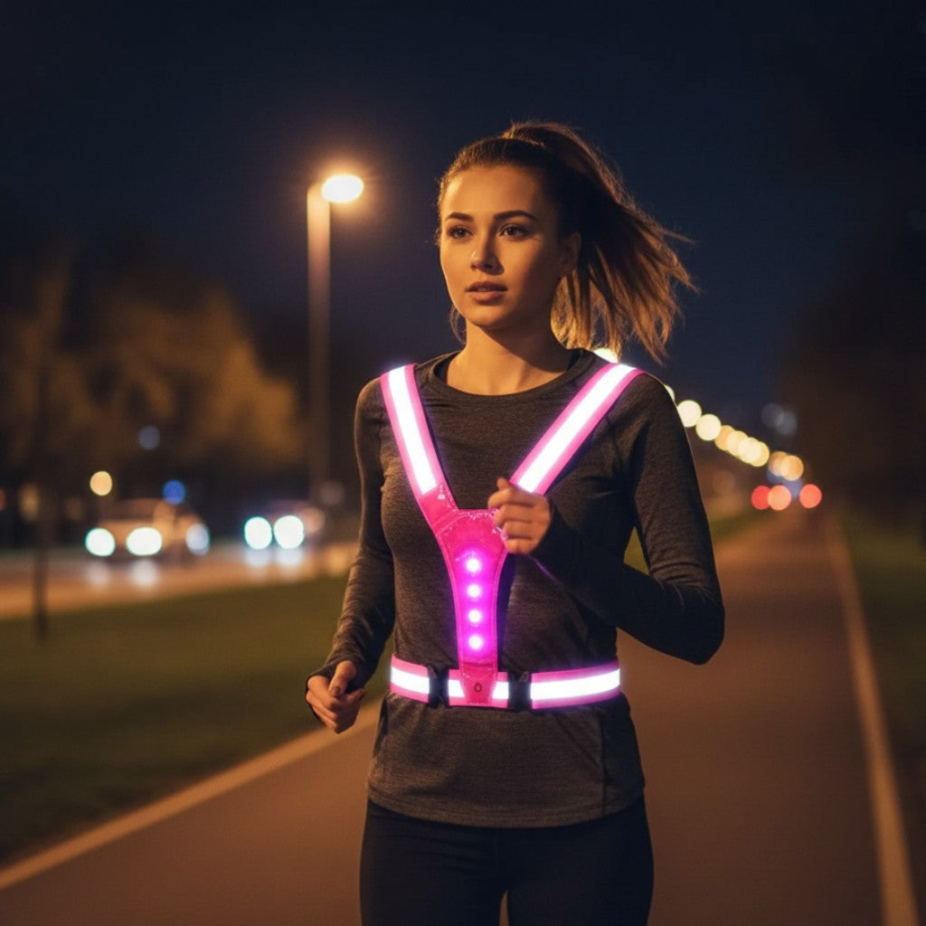 Adjustable LED running vest lit up at night - product photo 1
