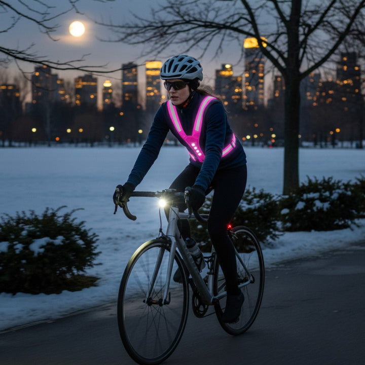 Adjustable LED running vest lit up at night - product photo 2
