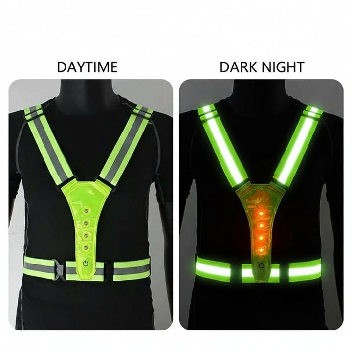 Adjustable LED running vest lit up at night - product photo 6