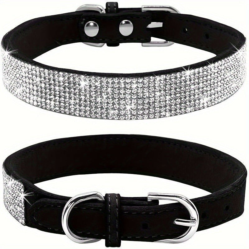 Adjustable leather dog collar with rhinestones - product photo 1