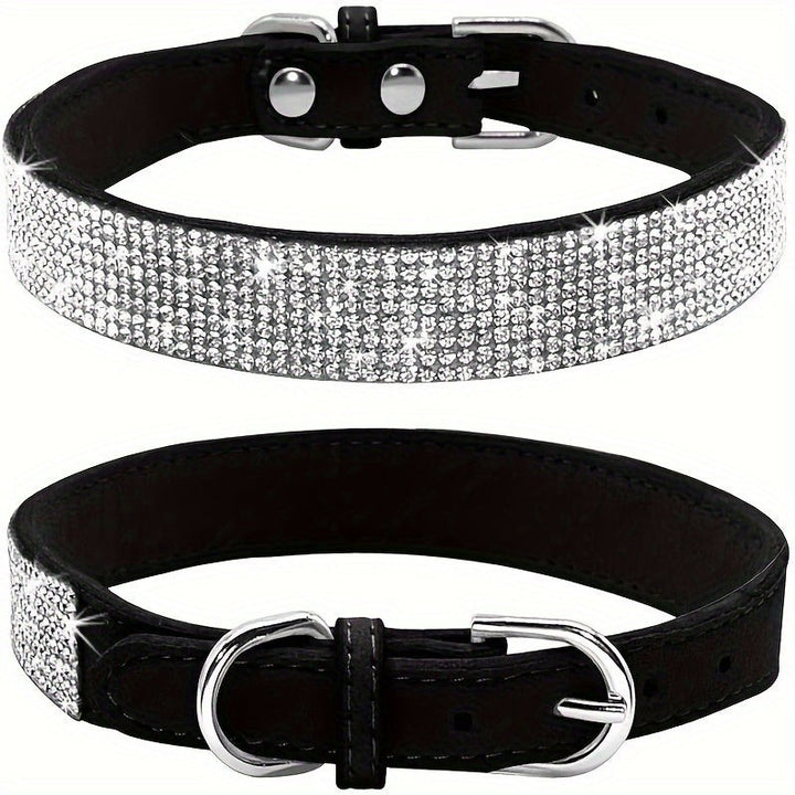 Adjustable leather dog collar with rhinestones - product photo 1