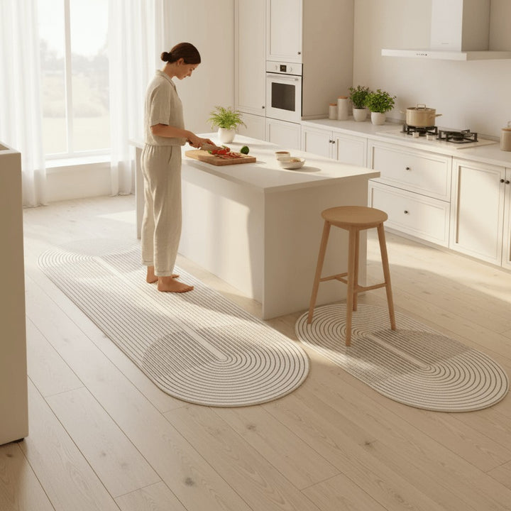 Cushioned anti-fatigue kitchen floor mat in front of a counter - product photo 2
