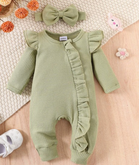 Baby jumpsuit with ruffle detail and a matching headband - product photo 3