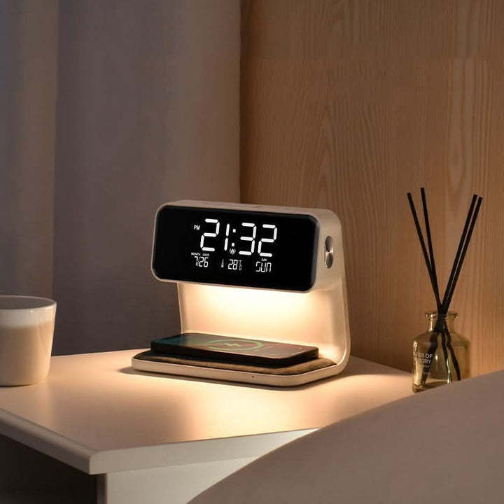 Bedside lamp with a wireless charging base and Lcd clock - product photo 1
