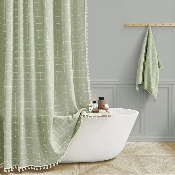 Boho linen-weave shower curtain with a tasselled hem - product photo 6