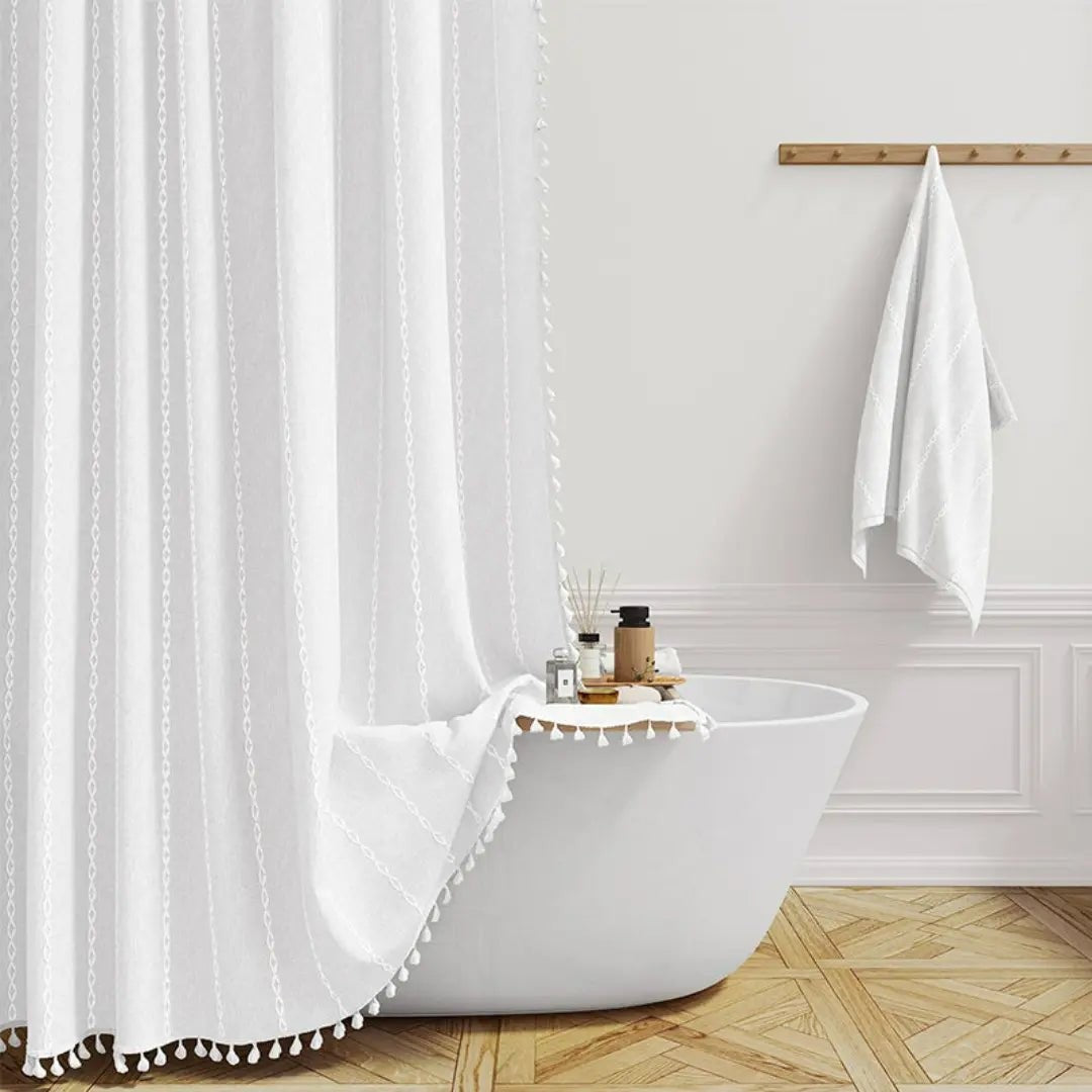 Boho linen-weave shower curtain with a tasselled hem - product photo 7
