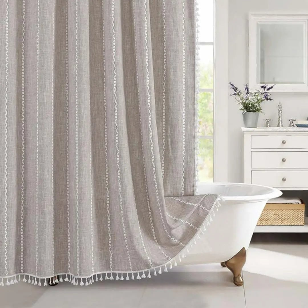 Boho linen-weave shower curtain with a tasselled hem - product photo 9
