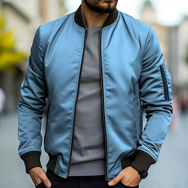 Liam | Ribbed-Trim Bomber Jacket With Zippered Sleeve Pocket For Men