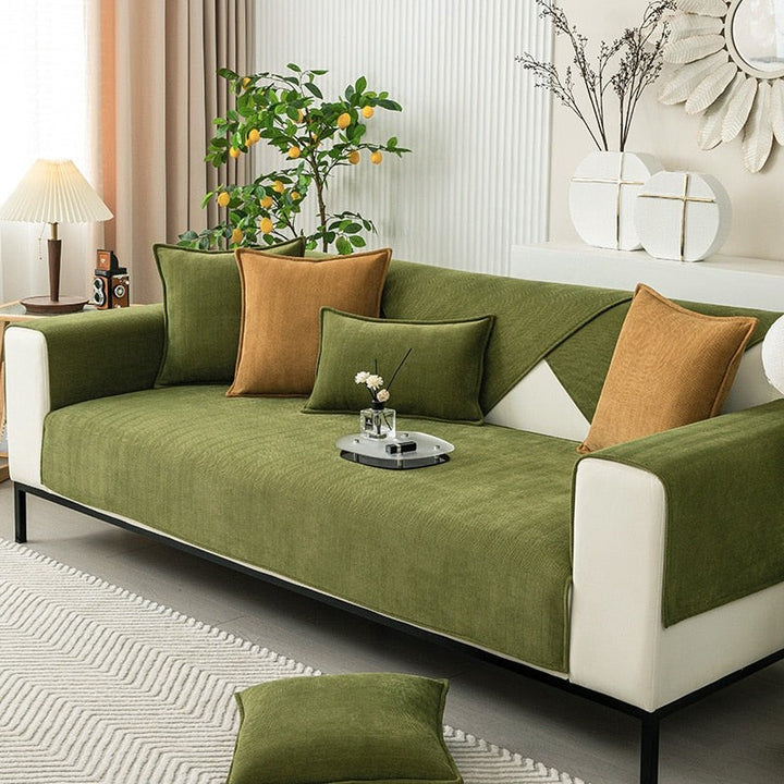 Chenille herringbone sofa cover on a couch - product photo 1