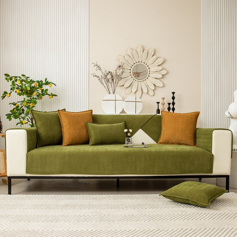 Chenille herringbone sofa cover on a couch - product photo 11