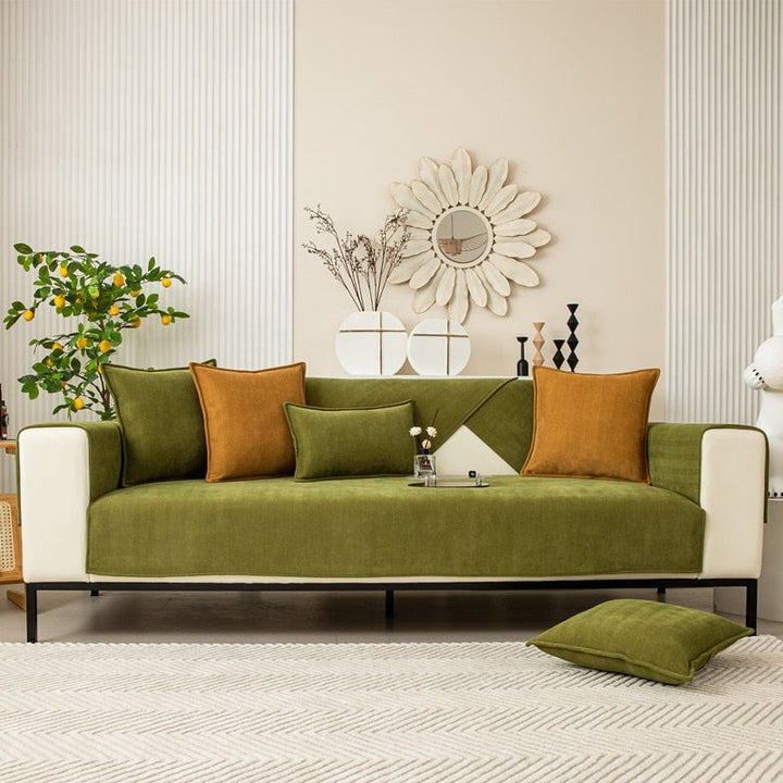 Chenille herringbone sofa cover on a couch - product photo 11