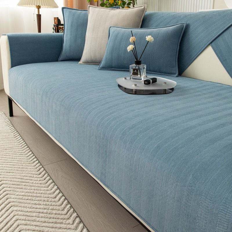 Chenille herringbone sofa cover on a couch - product photo 12