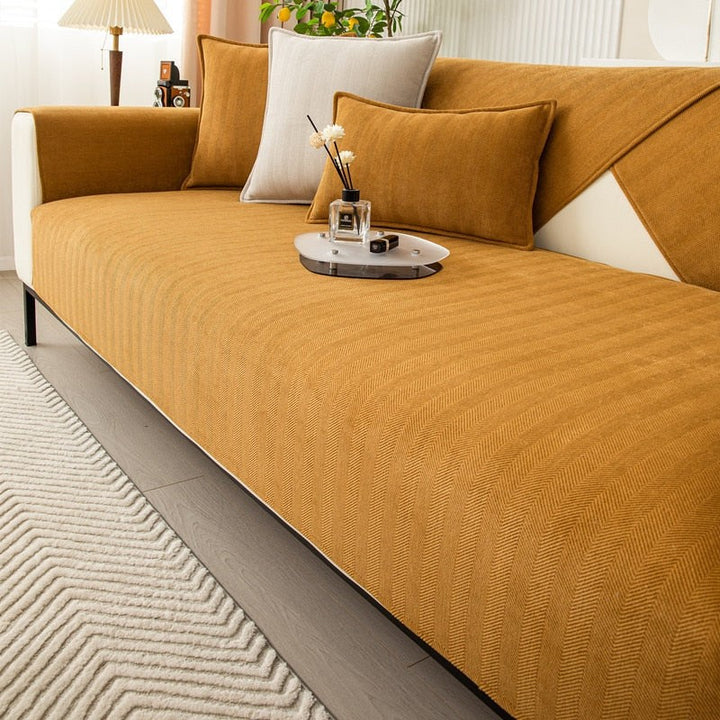 Chenille herringbone sofa cover on a couch - product photo 6