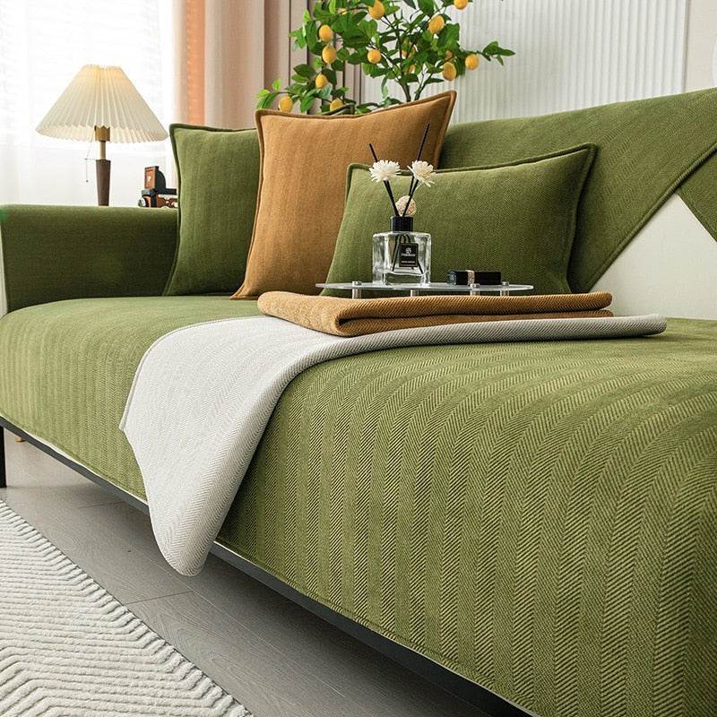 Chenille herringbone sofa cover on a couch - product photo 7
