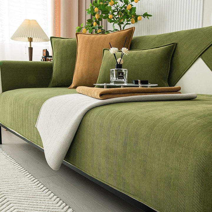 Chenille herringbone sofa cover on a couch - product photo 7