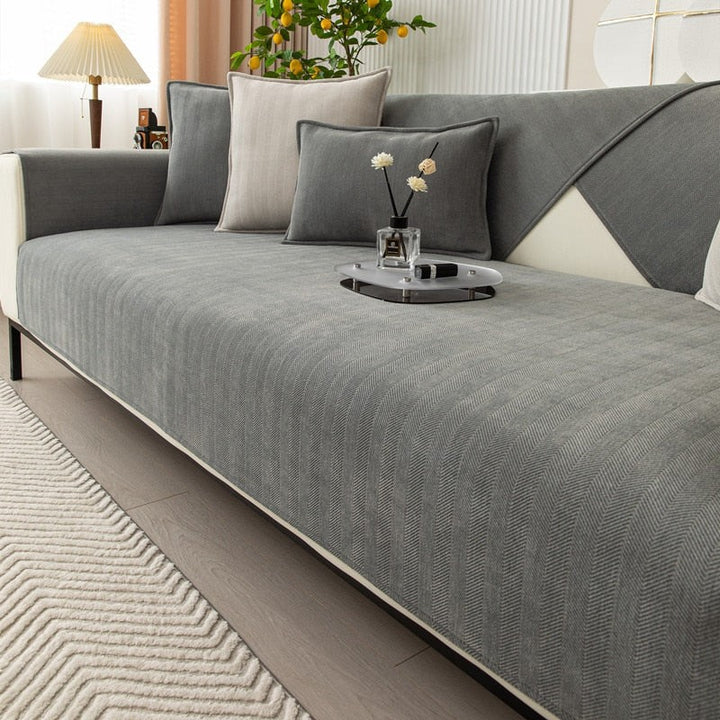 Chenille herringbone sofa cover on a couch - product photo 8