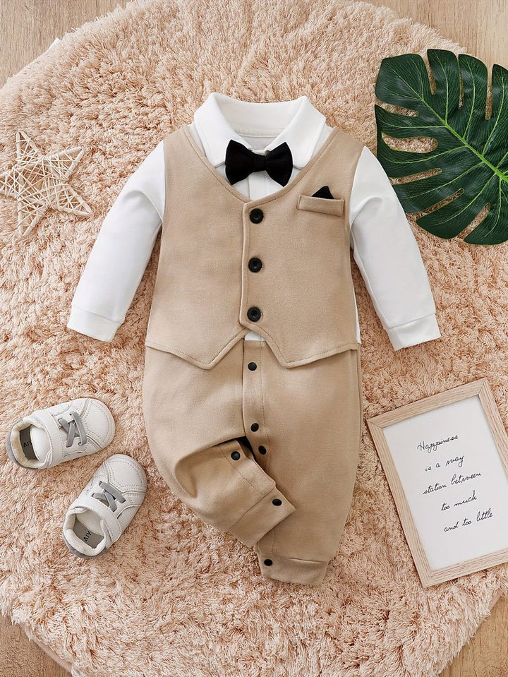 Cotton baby romper with a vest design and bow tie - product photo 1