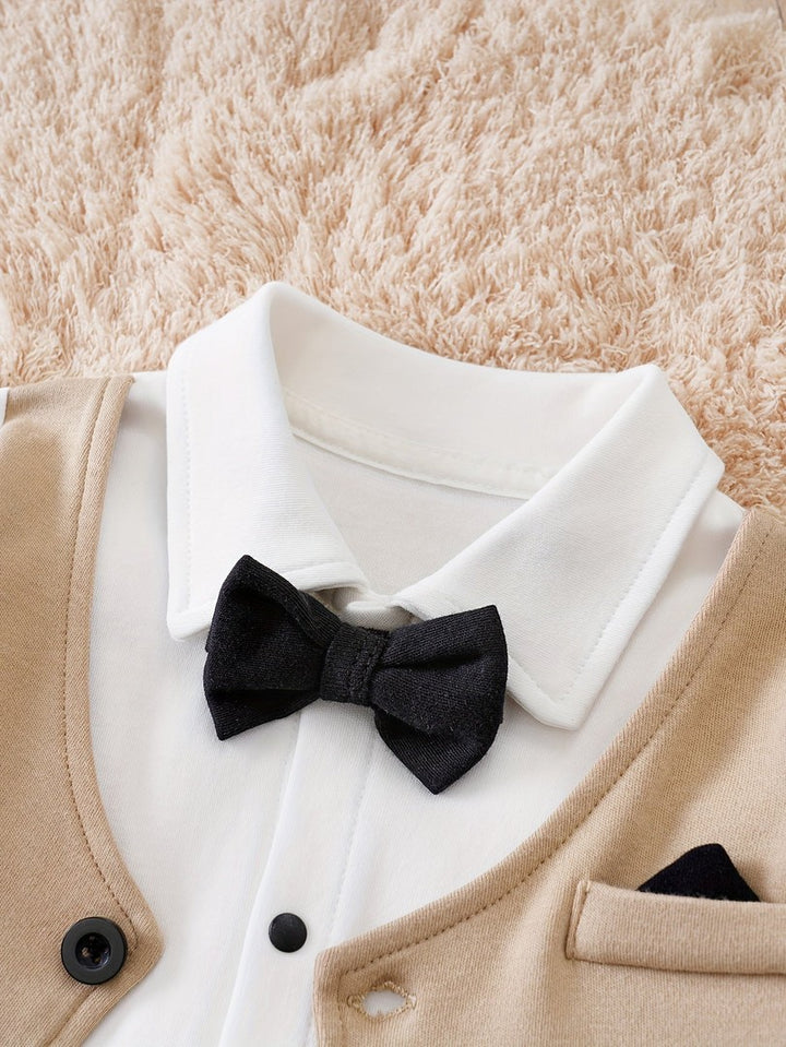 Cotton baby romper with a vest design and bow tie - product photo 3