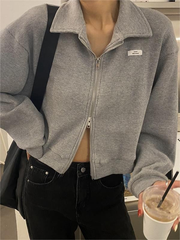 Cotton blend cropped jacket with a double zip and collar - product photo 1