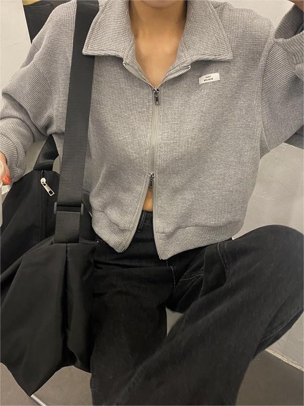 Cotton blend cropped jacket with a double zip and collar - product photo 2