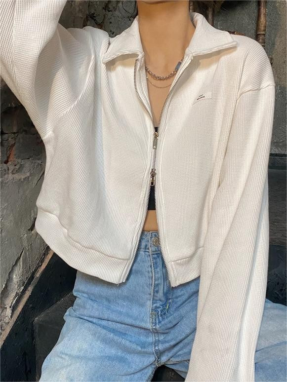 Cotton blend cropped jacket with a double zip and collar - product photo 7